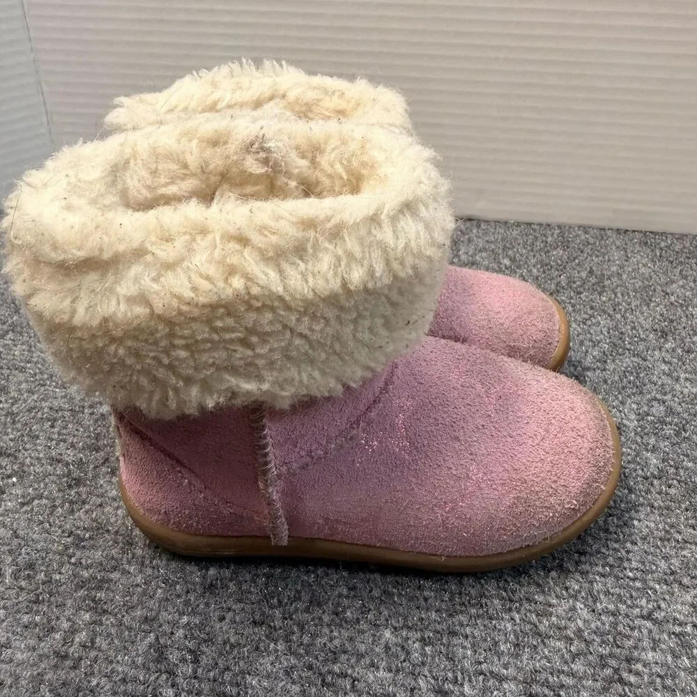 UGG Boots Girls Size 7 Pink Suede Shearling Lined Winter Fur Trim 1157633T